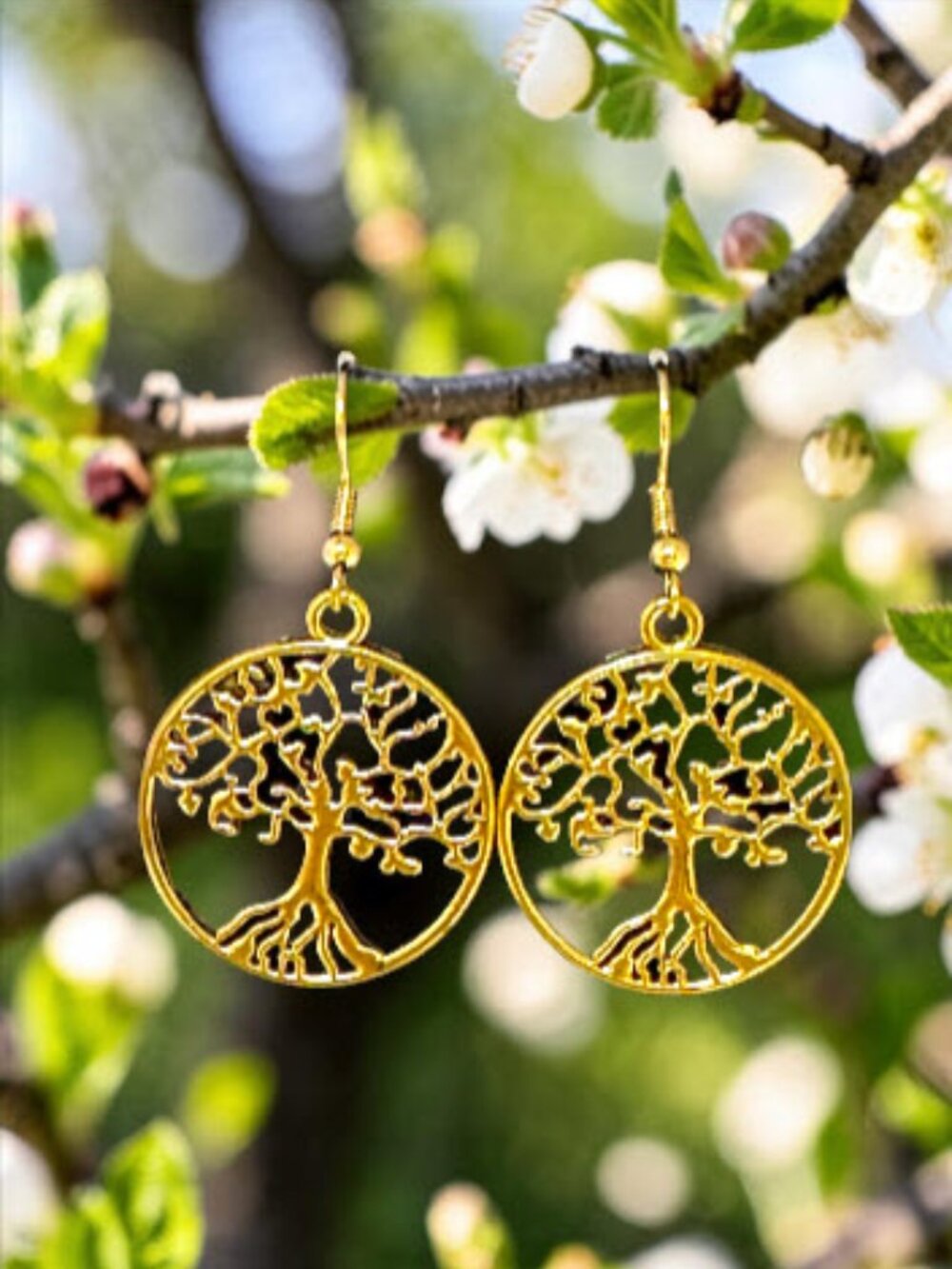 Tree of Life Earrings Gold Plated Double Sided Boho Nature Dangle 1.75"